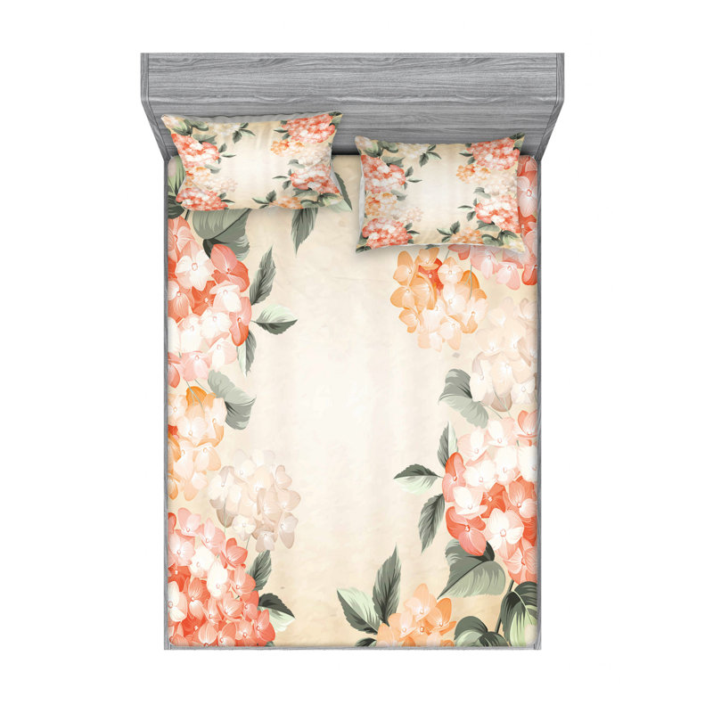 Microfiber Floral Sheet Set, Blooming Hydrangea Flowers, Queen Sheet Set with Fitted Sheet
