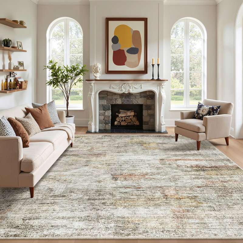 Washable Distressed Persian Rug, Rectangle 8' x 10', Gray/Rust