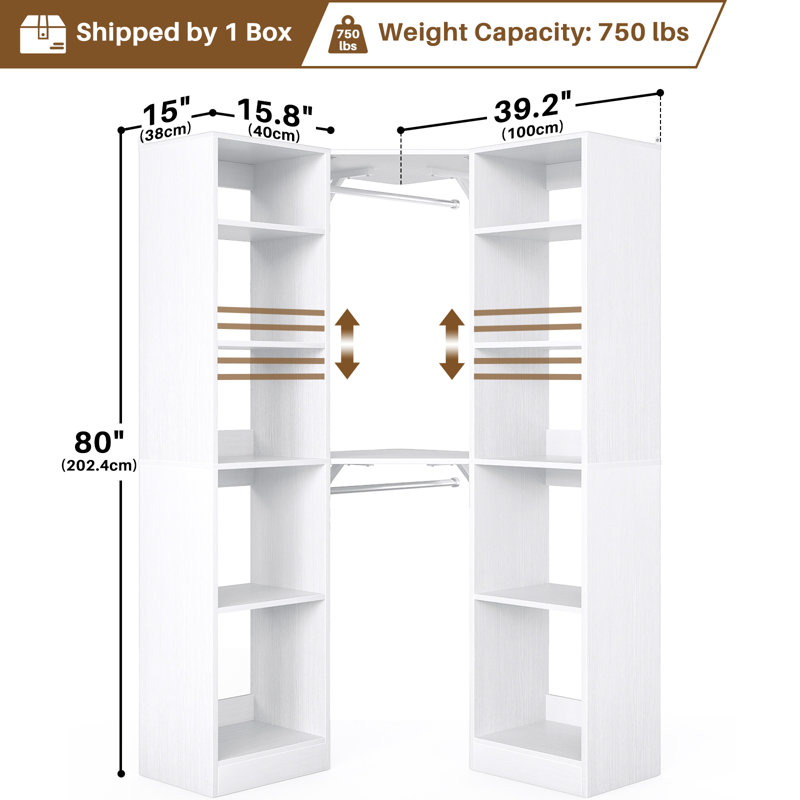 39" × 39" Large Corner Closet System With 12 Shelves & 2 Hanging Rods, White