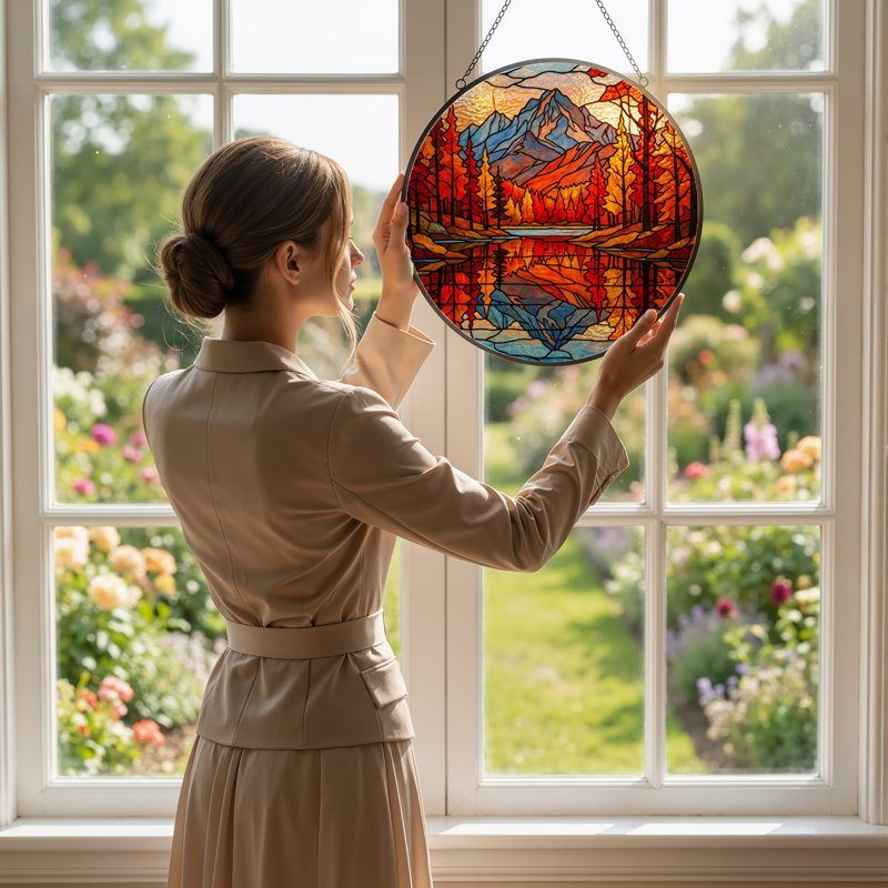 Panneau de vitrail 12 "H Mountain Reflection, H 12 po x l 12 po