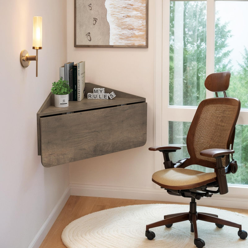 Floating Corner Desk, Wall Mounted, With Shelf For Small Space Computer,Rustic Grey