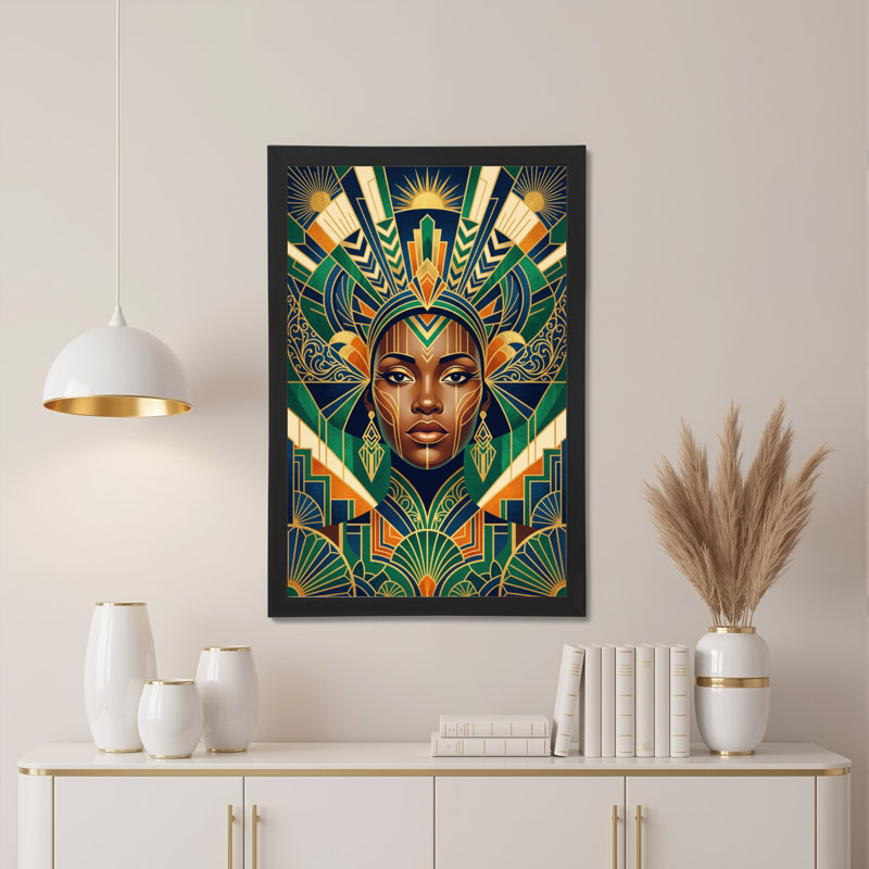 Ensemble de 1 tableau sur toile représentant une reine africaine géométrique, H 36 po x l 24 po
