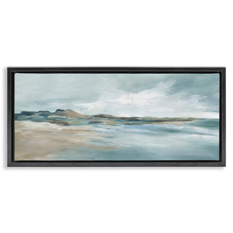Cadre flottant bleu dégradé scène de plage, design par Carol Robinson, H 11 po x l 25 po, Cadre flottant noir de jais