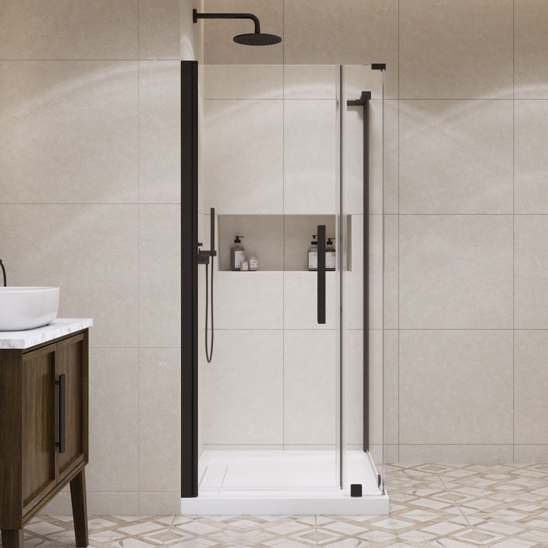 OVE Decors Pasadena Corner Frameless Pivot Shower Door Kit With Base Pan, 2025, 74.8"H x 36"W x 36"D, Black