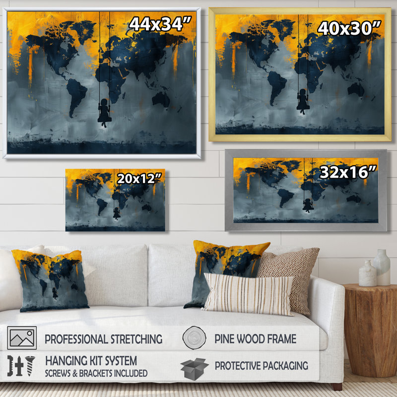 Jaune, jaune, carte du monde, aire de jeux Silhouette III - carte du monde, art mural, salon, Cadre simple noir