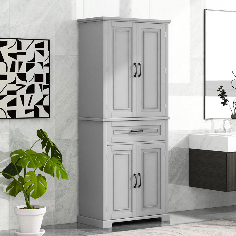 Armoire de salle de bain grise, avec portes et tiroir, tablette réglable pour rangement supplémentaire pour salle de bain haute, finition grise, portes, tablette, assemblage simple