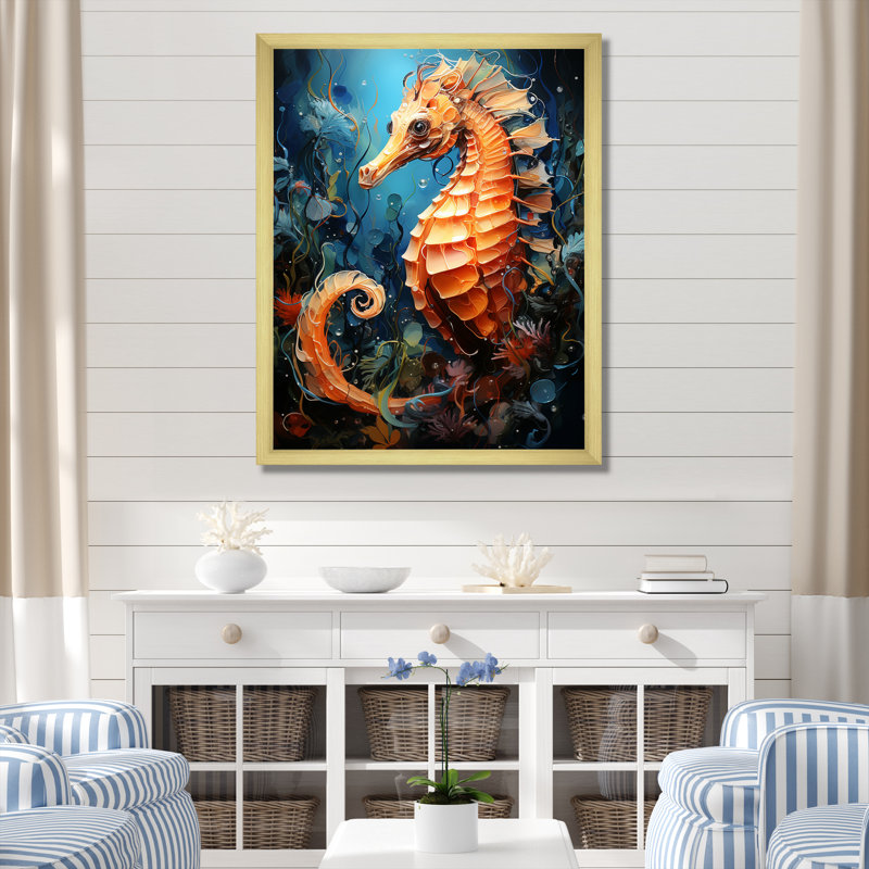 Hippocampe orange et bleu Symphony 2, H 20 po x l 12 po x P 1 po, Cadre flottant blanc