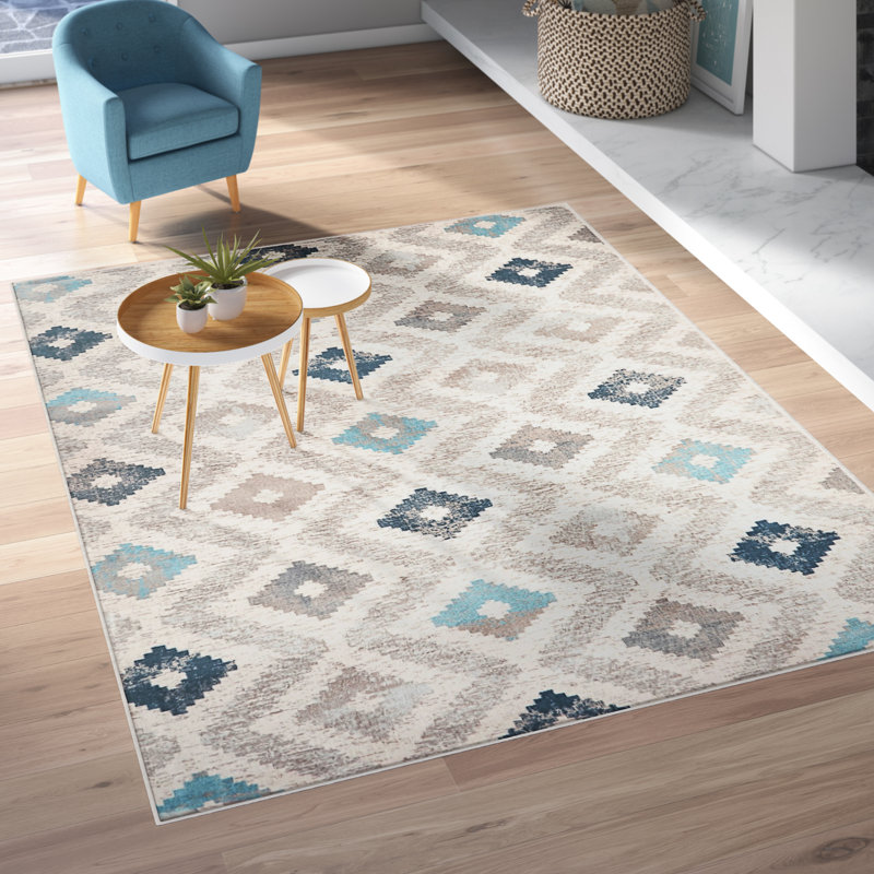 Tapis géométrique ivoire / bleu, Rectangle 7 pi 10 po x 10 pi 2 po