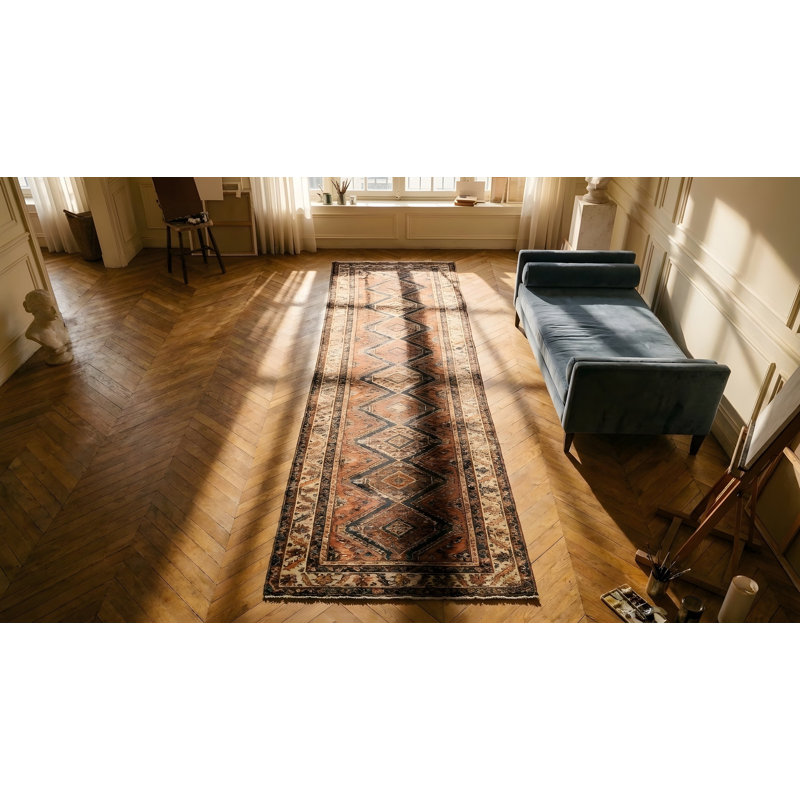 Antique Colorful Narrow and Long American Geometric Folk Art Hooked Runner Rug