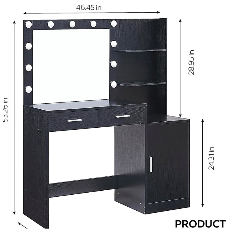 Meuble-lavabo avec miroir et lumières, coiffeuse 46,4 po avec 2 grands tiroirs et grand organisateur vertical, commode à 3 niveaux et 3 modes d'éclairage à luminosité réglable, convient à la chambre à coucher (noir)