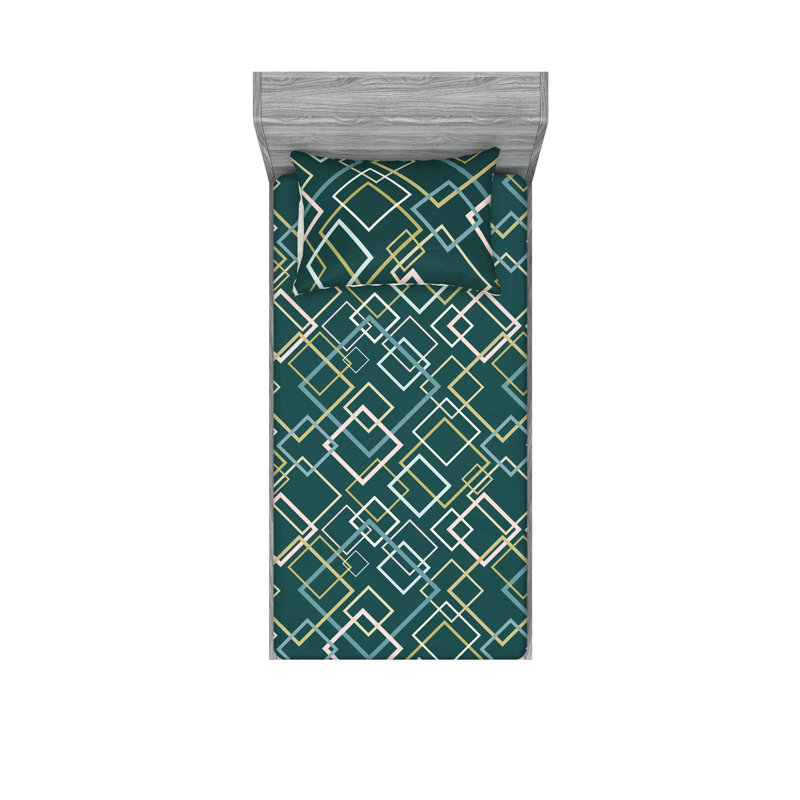 Drap-housse et taies décoratives 3 pièces Ambesonne, Bleu sarcelle / motif géométrique multicolore