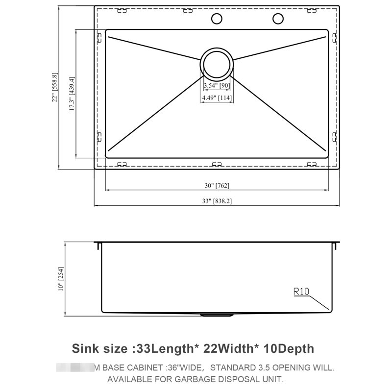 Évier en acier inoxydable T304 de calibre 16 33X22: un seul comptoir pour une cuisine silencieuse et propre. Évier de 33 x 22 pouces: avec prévention de la condensation et contrôle du bruit