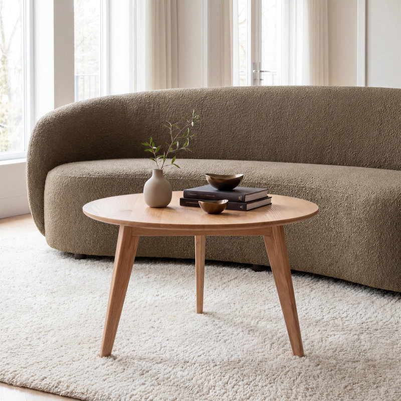 Fjord 29.5"W Solid Oak Small Modern Round Coffee Table, 29.5"W Coffee Table, Oak, 1