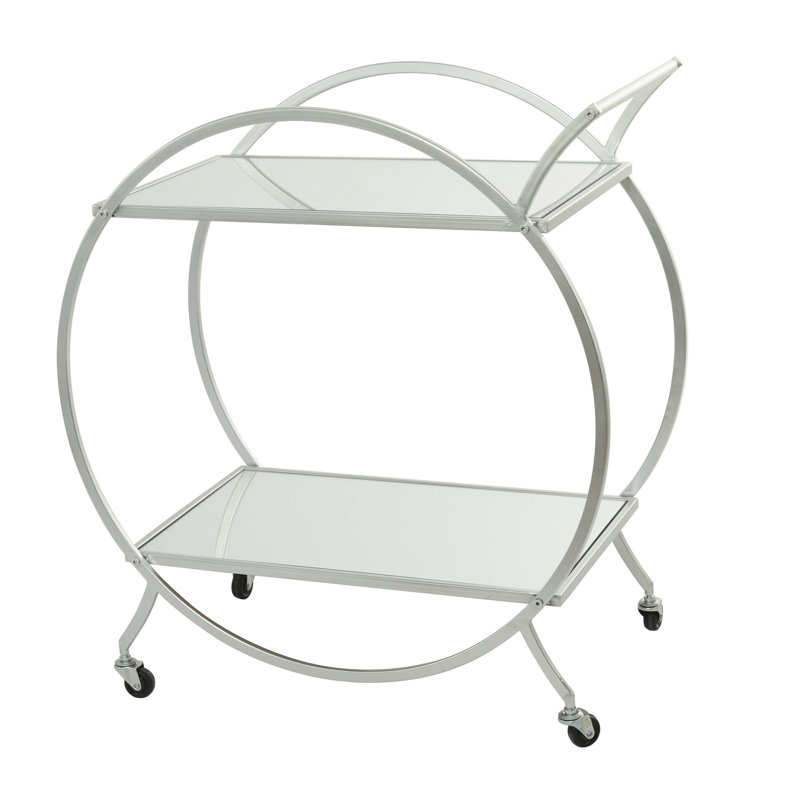  Bray Gold Metal Rolling Round 2 Mirrored Shelf Bar Cart with Top Handle, Silver