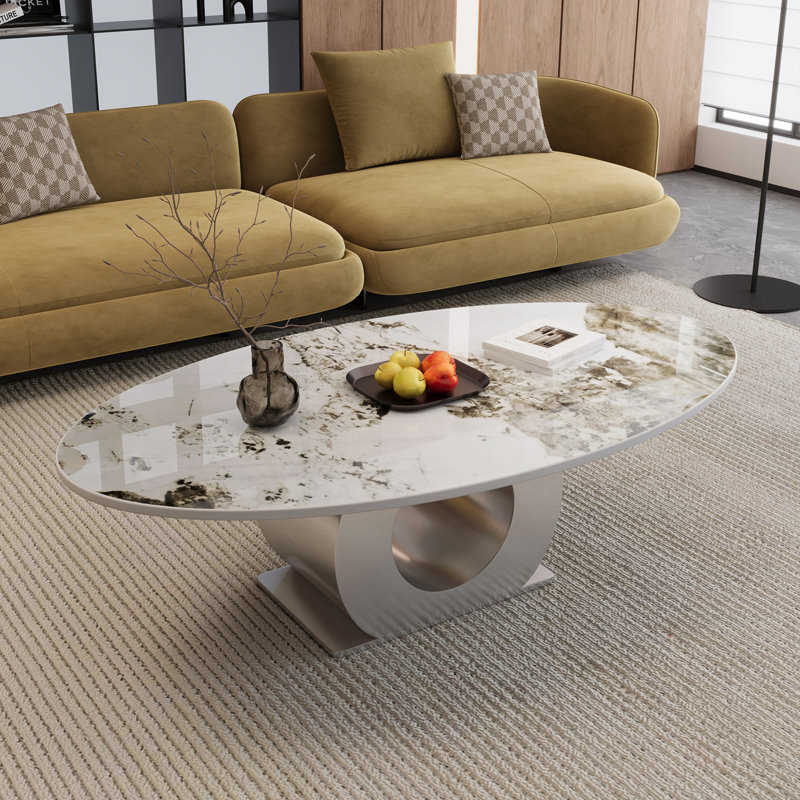 Table basse moderne en pierre frittée 49,2 po avec base en O en acier inoxydable - H 15,6 po