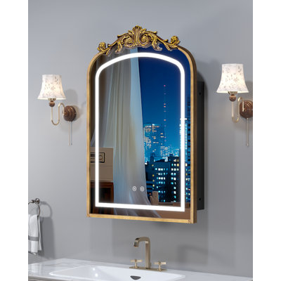 20"x30" LED Bathroom Medicine Cabinet with Mirror and Lights, Bronze Hand-Painted Baroque Bathroom Storage with Mirror, Recessed / Wall Mounted, Dimmable 3 Color Lighting Anti-fog ( with 1 Organizer)