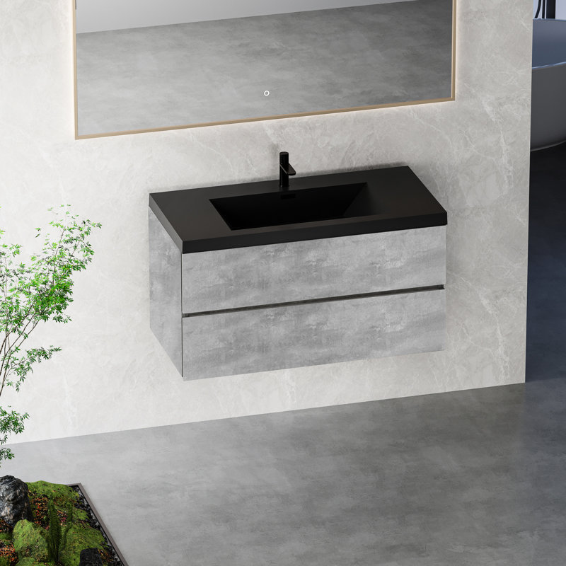 Meuble-lavabo flottant de 42 po avec lavabo à sable à quartz noir et tiroirs à fermeture en douceur avec armoire de rangement en ciment gris Design moderne et fonctionnel