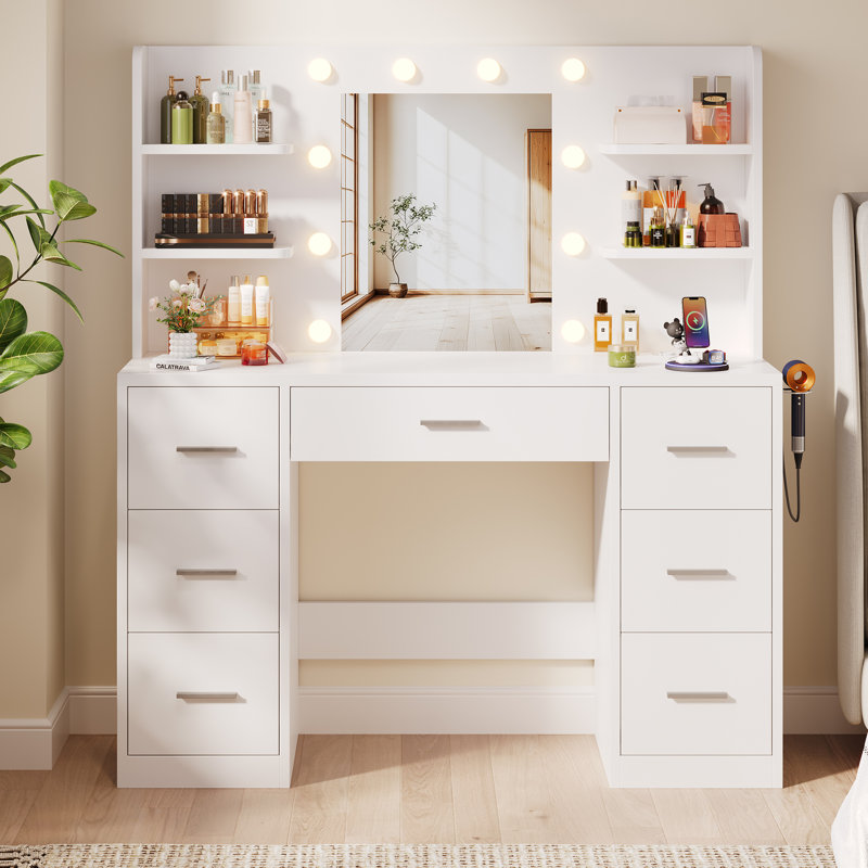 110cm Dressing Table With Power Outlet And Dryer Hook Modern Bulb Light Makeup Vanity, White
