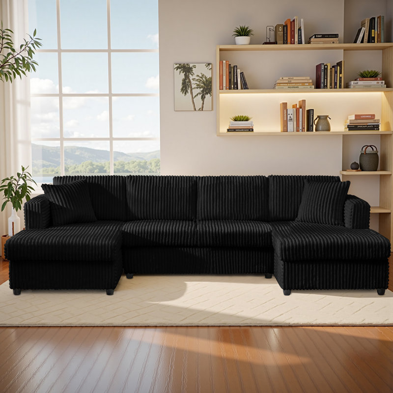 3-Piece Upholstered Corduroy Sofa, 123"W U-Shaped 4 Seater Sectional Sofa with Chaise Longue, Black Corduroy