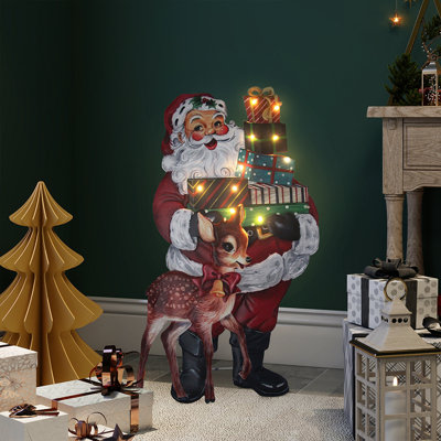 Enseigne de Noël pré-éclairée 26 pouces - Père Noël et boîtes-cadeaux