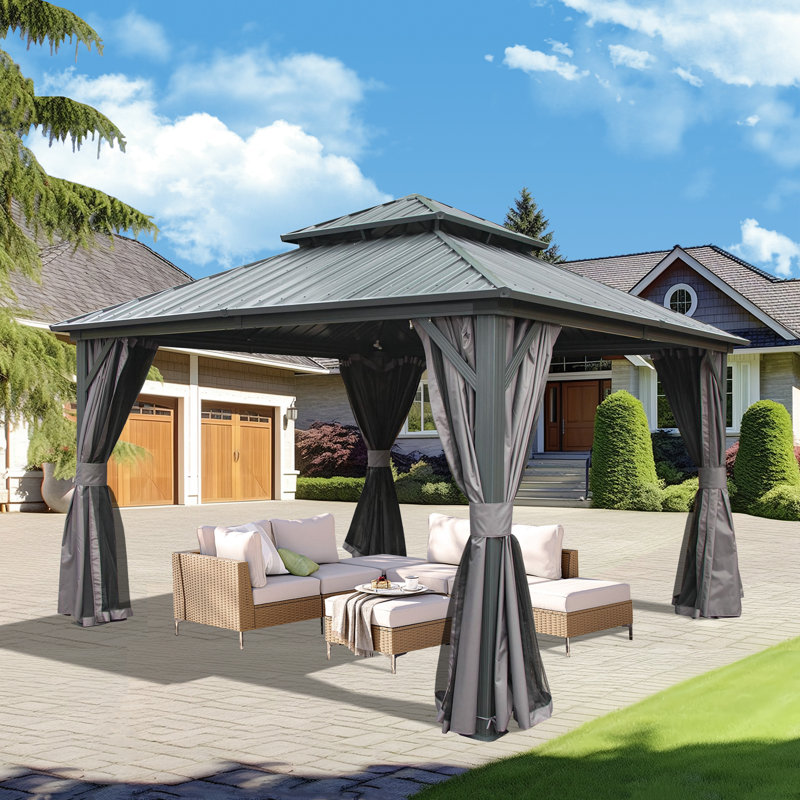 Galvanized Steel Patio Gazebo with Overhang Slope-design Double Roof, 10 ft x 12 ft, Gray