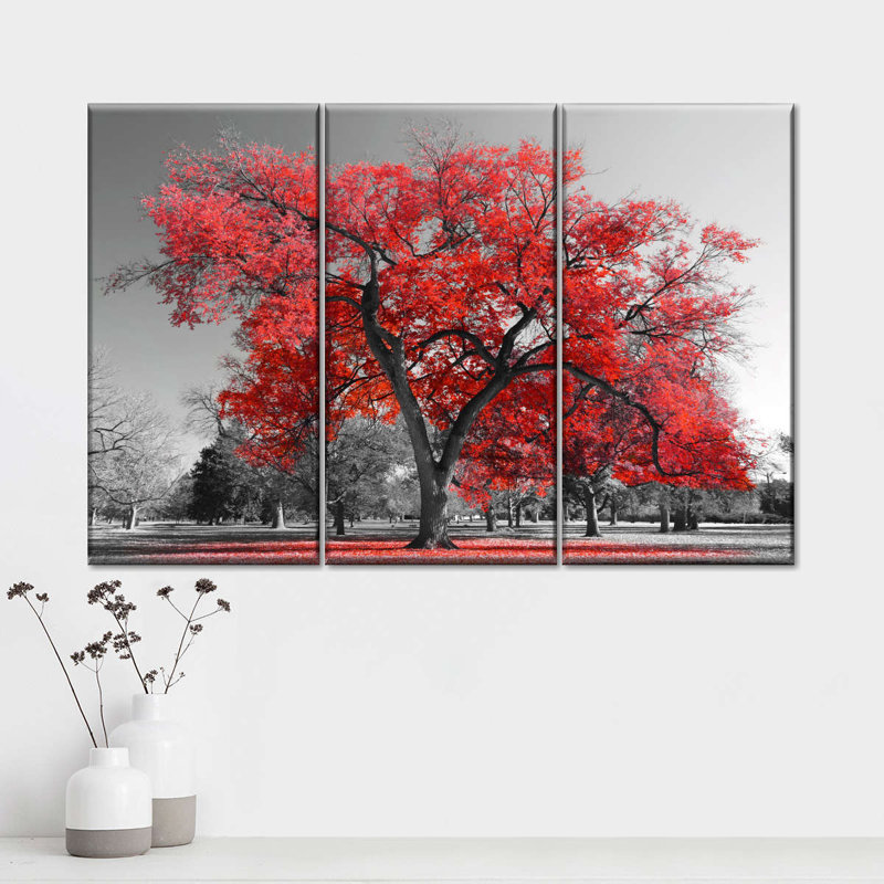 Arbre rouge - Ensemble de 3 toiles tendues, H 24 po x l 38 po x P 1,25 po