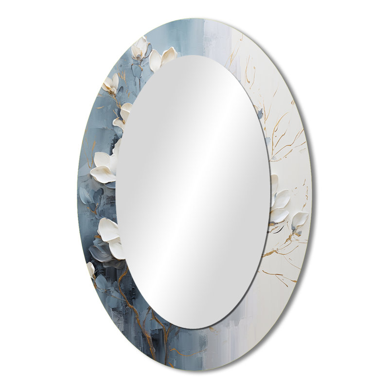 Blue And White Painted Magnolias II - BLUE Oval Wall Mirror Decor, 36" x 24"