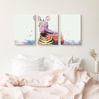 Animaux, arc-en-ciel, aquarelle, explosion, zèbre, portrait, 3 pièces