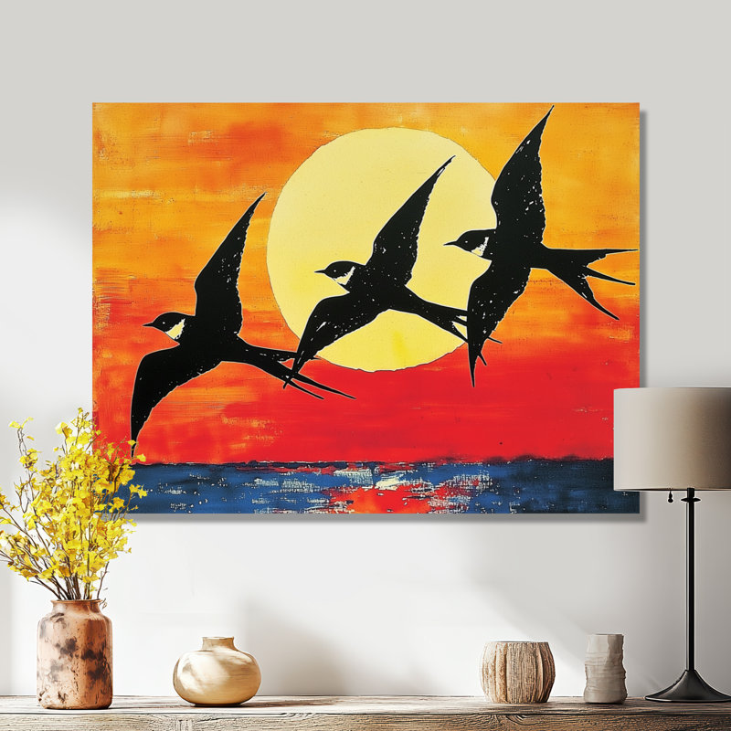 Swallows Birds At Sunset V - art mural oiseau, Toile tendue sur cadre, H 12 po x l 20 po, Ne s’applique pas