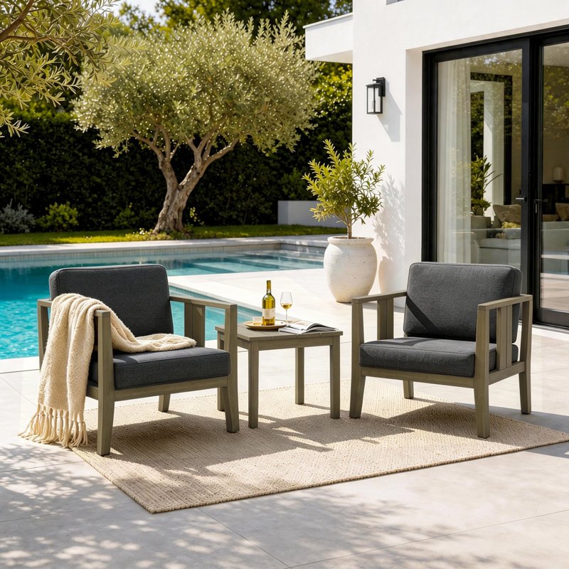 Junco Teak Outdoor Two-Person Patio Set With Cushions And Side Table, Brown, Dark Gray