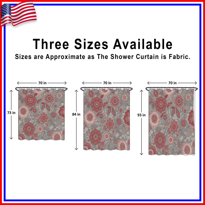 Rideaux de douche rouge et gris à motif floral très longs, 70 po L x 72 po H