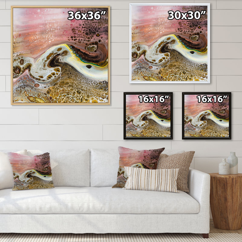 Art liquide blanc avec vagues roses et jaunes - impression sur toile moderne, H 16 po x l 16 po x P 1 po