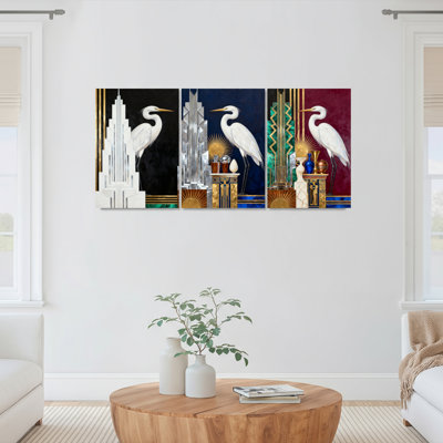 Ensemble de 3 tableaux sur toile à motifs géométriques et hérons Art déco, pour la décoration du salon et de la chambre.