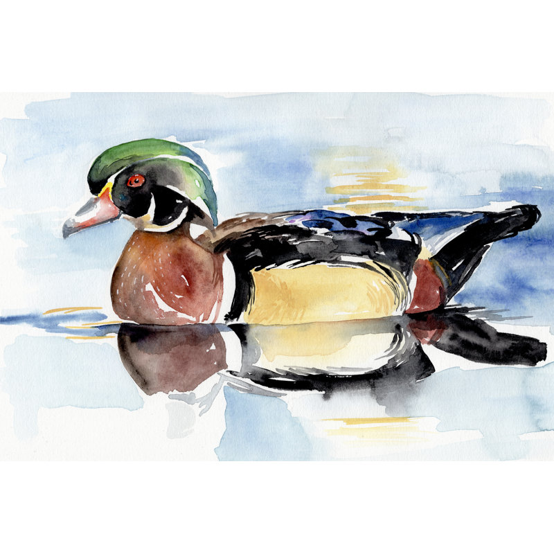 Watercolour Woodduck I - Painting, 61cm H x 91cm W, Black Floater Framed