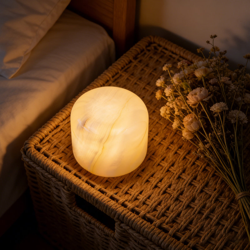 Cylinder Natural Crystal Jade Marble Table Lamp, Dimmable Warm LED Marble Night Light, Rechargeable Portable Jade Stone Bedside Lamp for Indoor & Outdoor Use