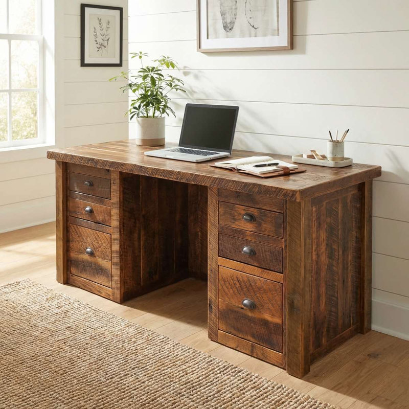 Fireside Lodge Appalachian Executive Desk - Artisan Top, Antique Oak Finish with Hickory Legs