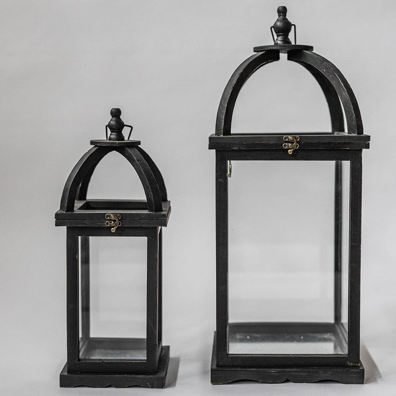 Set Of 2 Vintage Look With Metal Handles Black Frame And Glass Walls Lanterns
