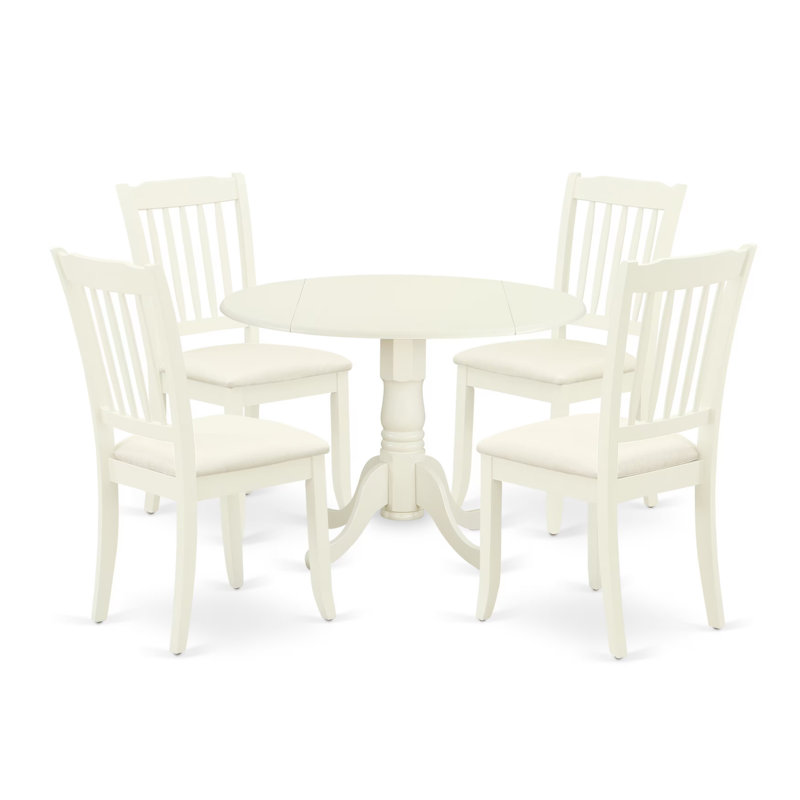 5 Piece Dining Set Includes a Round Dining Room Table with Dropleaf and 4 Linen Fabric Chairs, Linen White