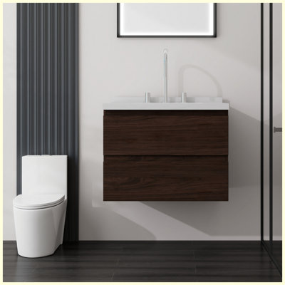 Meuble-lavabo flottant 24 po avec lavabo, porte à fermeture douce, comptoir et dosseret en marbre de culture blanc de 2 po Carrara, contreplaqué, brun
