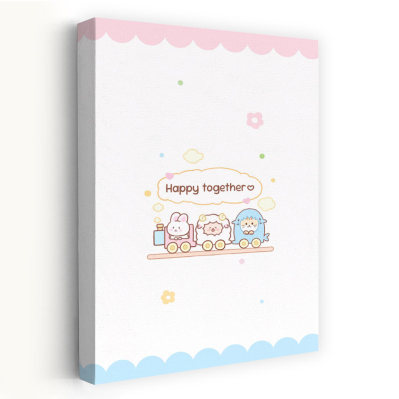 Happy Animal Train Ride Playful Whimsical Abstract Cat Rabbit Forest Landscape Wall Art Print by Xuan Thai - Wrapped Canvas Print