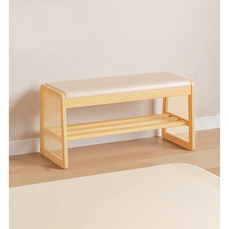 Solid Wood Rattan Woven Shoe Changing Stool, Home Use, Can Sit Shoe Cabinet.