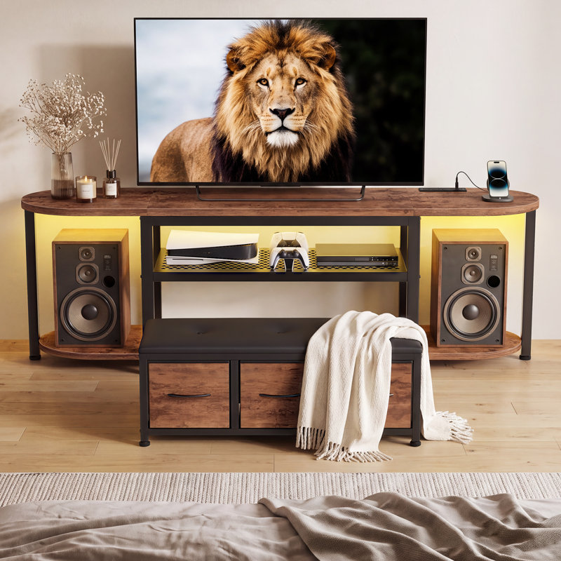 Meuble télé moderne de 160 cm avec banc de rangement et éclairage DEL RVB, Brun rustique