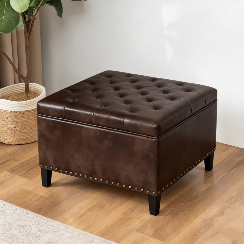 Nelda 29.5'' Wide Tufted Square Storage Ottoman, Nelda Coffee Faux Leather