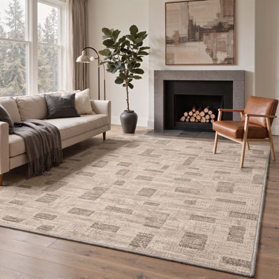 Tapis beige / gris à motif géométrique lavable à la machine avec envers antidérapant