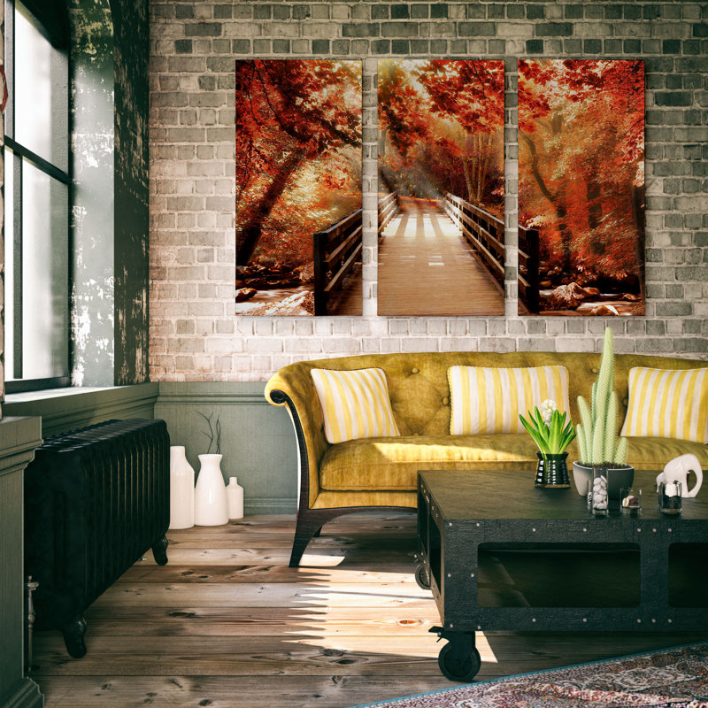 «Autumn Bridge», ensemble de 3 reproductions de photos sur toile, H 24 po x l 48 po x P 1,5 po