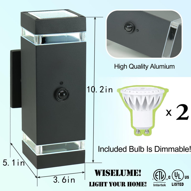 Lumière extérieure à détecteur de mouvement avec capteur Dusk To Dawn, applique murale imperméable avec ampoules à DEL GU10, éclairage de véranda vers le bas pour garage de maison, répertorié ETL