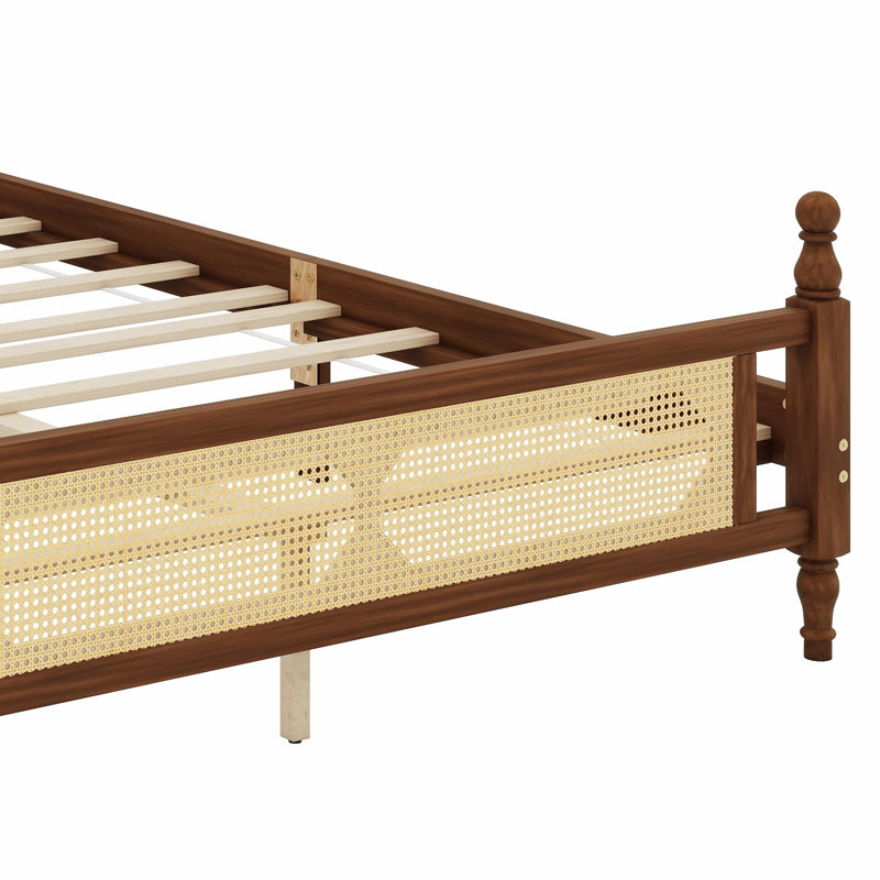 Base de lit en bois avec tête de lit en rotin, Grand, Noyer