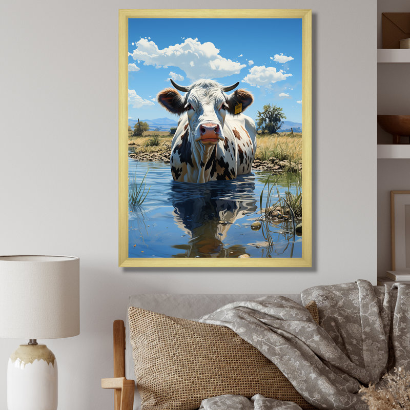 «Cow in Tranquil Pasture», reproduction sur toile, Cadre doré simple, H 20 po x l 12 po x P 1 po