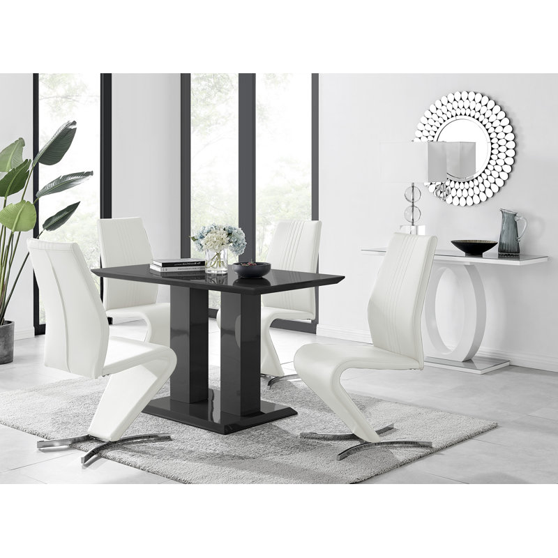 Edzard Double Pedestal High Gloss Dining Table Set with 4 Modern Faux Leather Dining Chairs, White