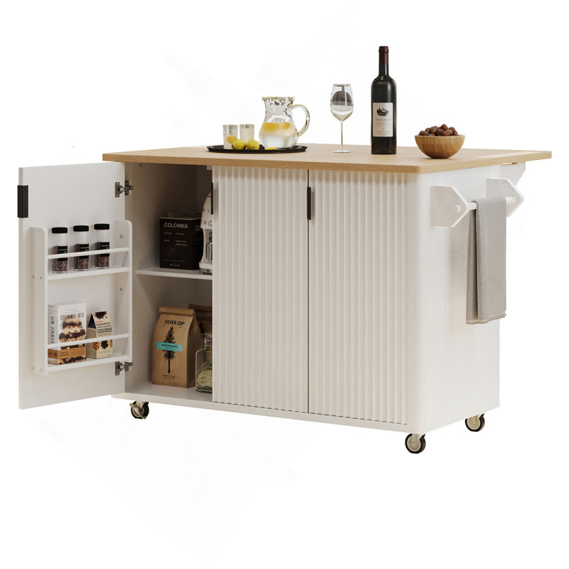 51" Fluted Kitchen Island with Drop Leaf, Farmhouse Accent Kitchen Island on Wheels with Internal Storage Rack, Rolling Kitchen Cart with Towel Rack for Kitchen, Dining Room